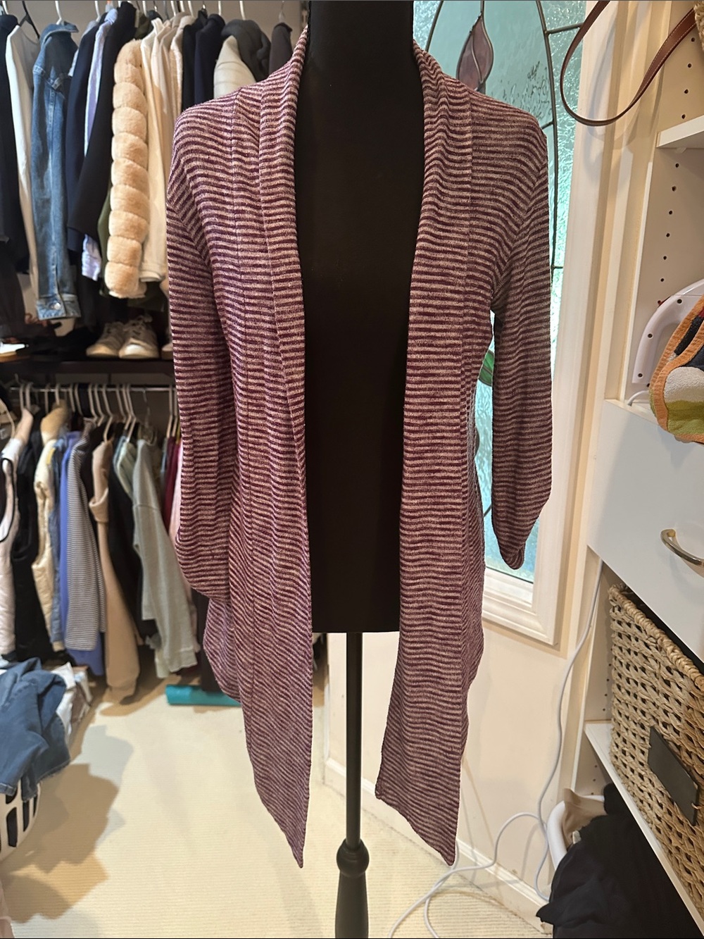 Bobeau Striped Open-Front Women’s Cardigan Sweater in Plum Sz S